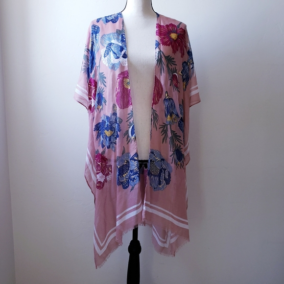 Woven Heart Tops - Floral Print Kimono, Swimsuit Cover-up, Fringe Hem